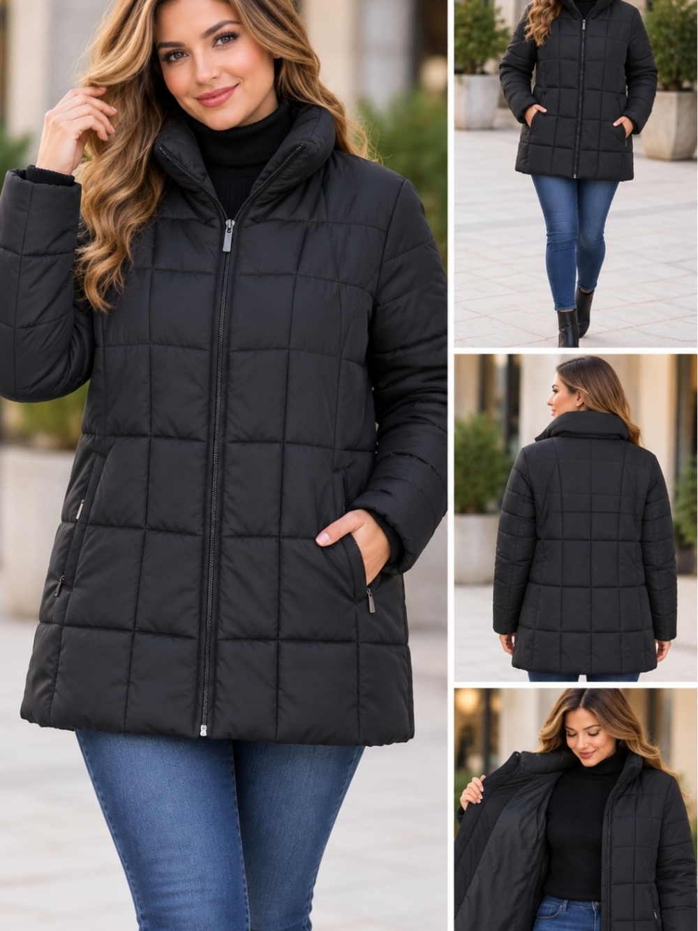 Style & Co. Women’s Black Quilted Puffer Jacket Full Zip Warm Winter Coat.